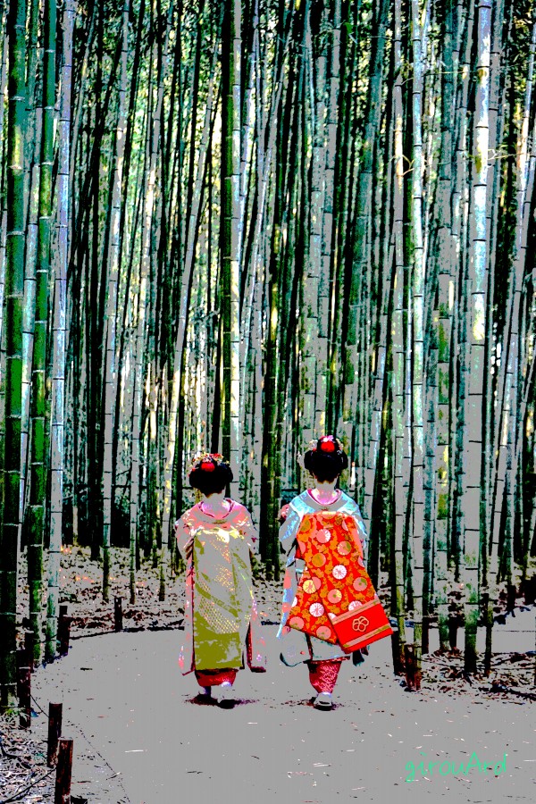 Geishas in bamboo forest 2 Print
